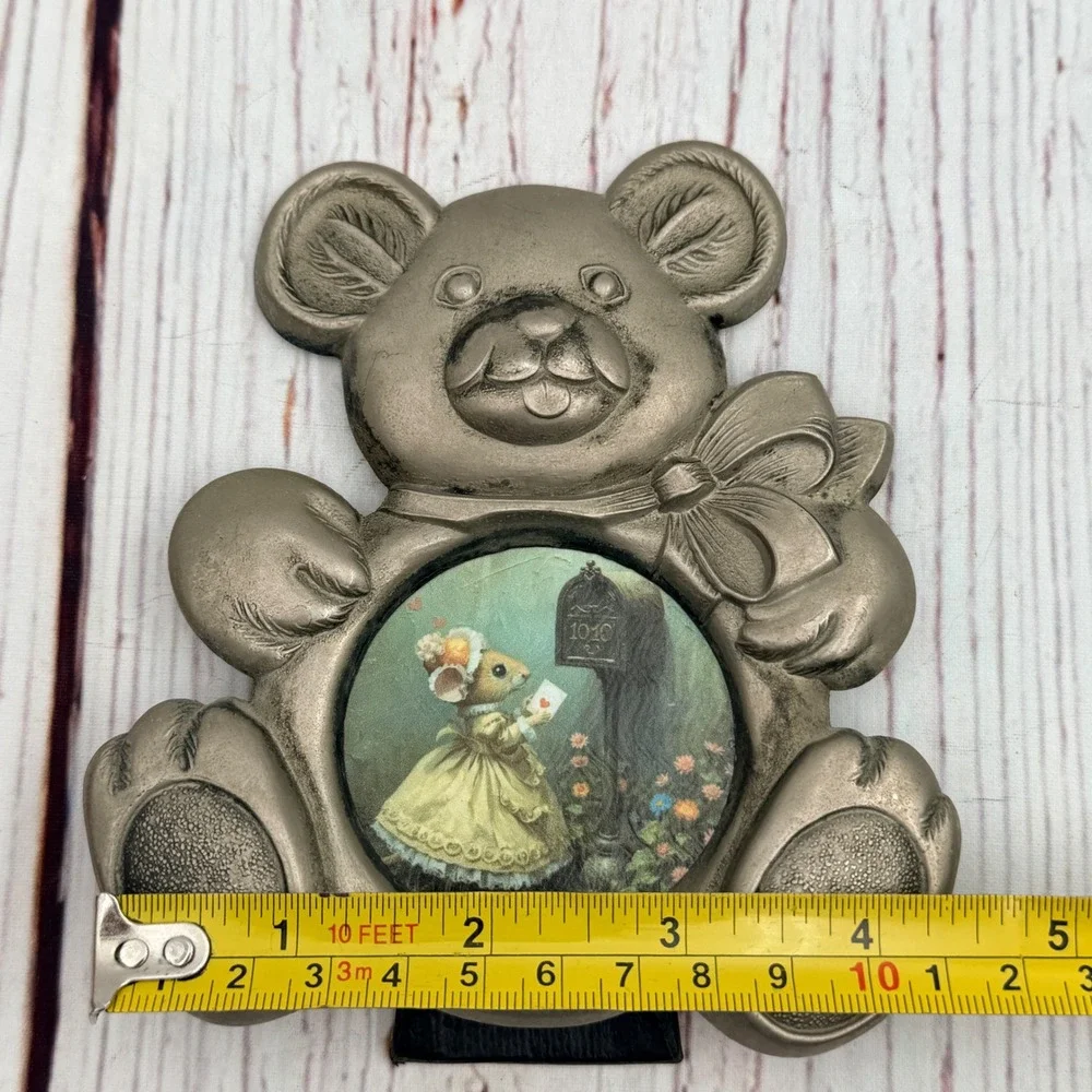 Vintage Teddy Bear Picture Frame Art Decoupage Mouse Pewter Tone USA Made